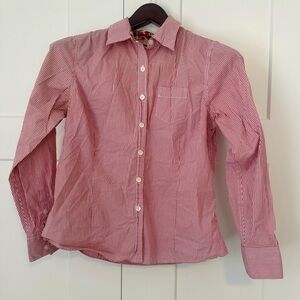 L.L. Bean Red and White Striped Ladies Button-Down Shirt Floral Cuffs M